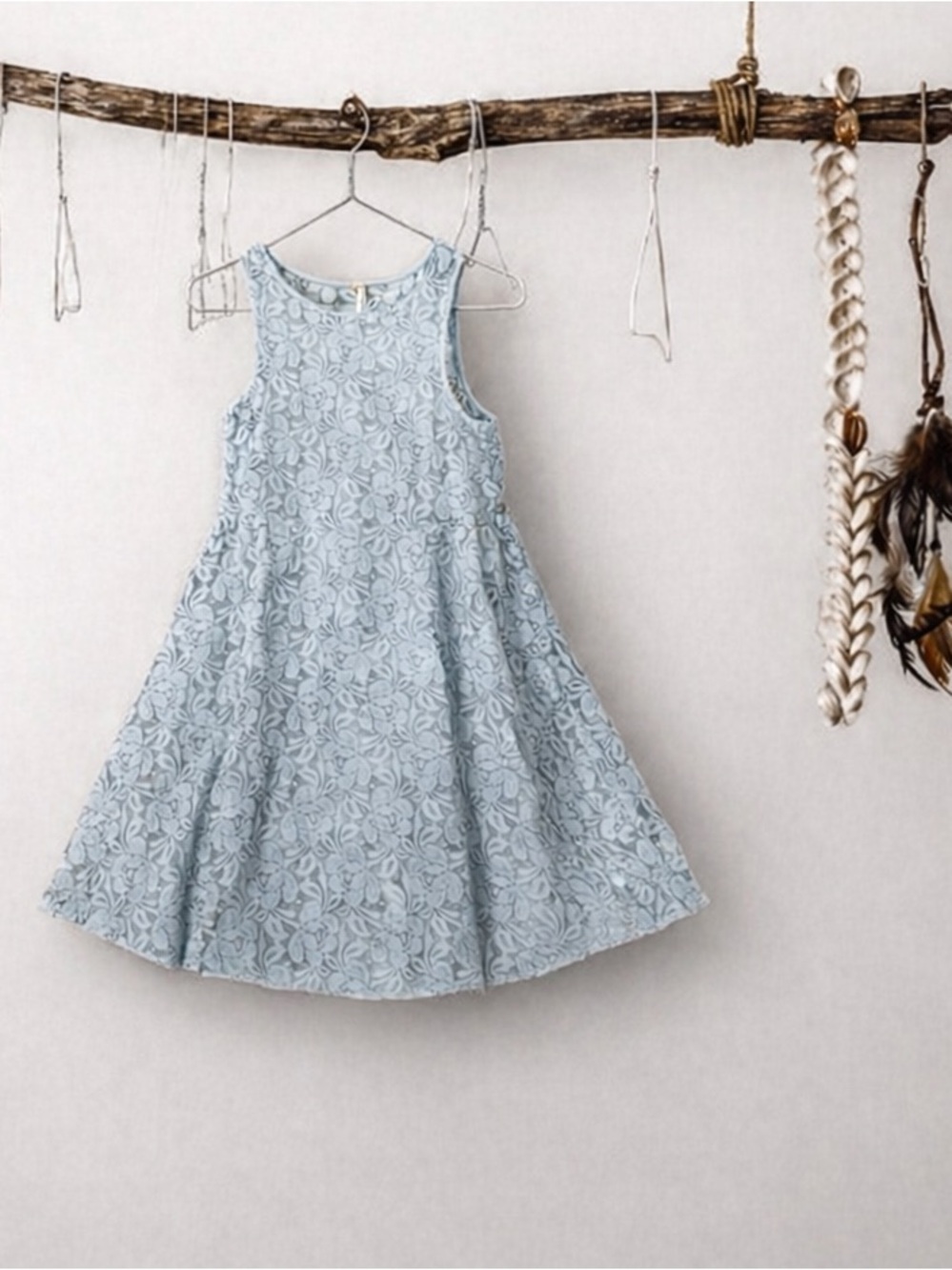Free People Sky Blue Miles Stretch Lace Mini Fit Flare Dress mint green Small